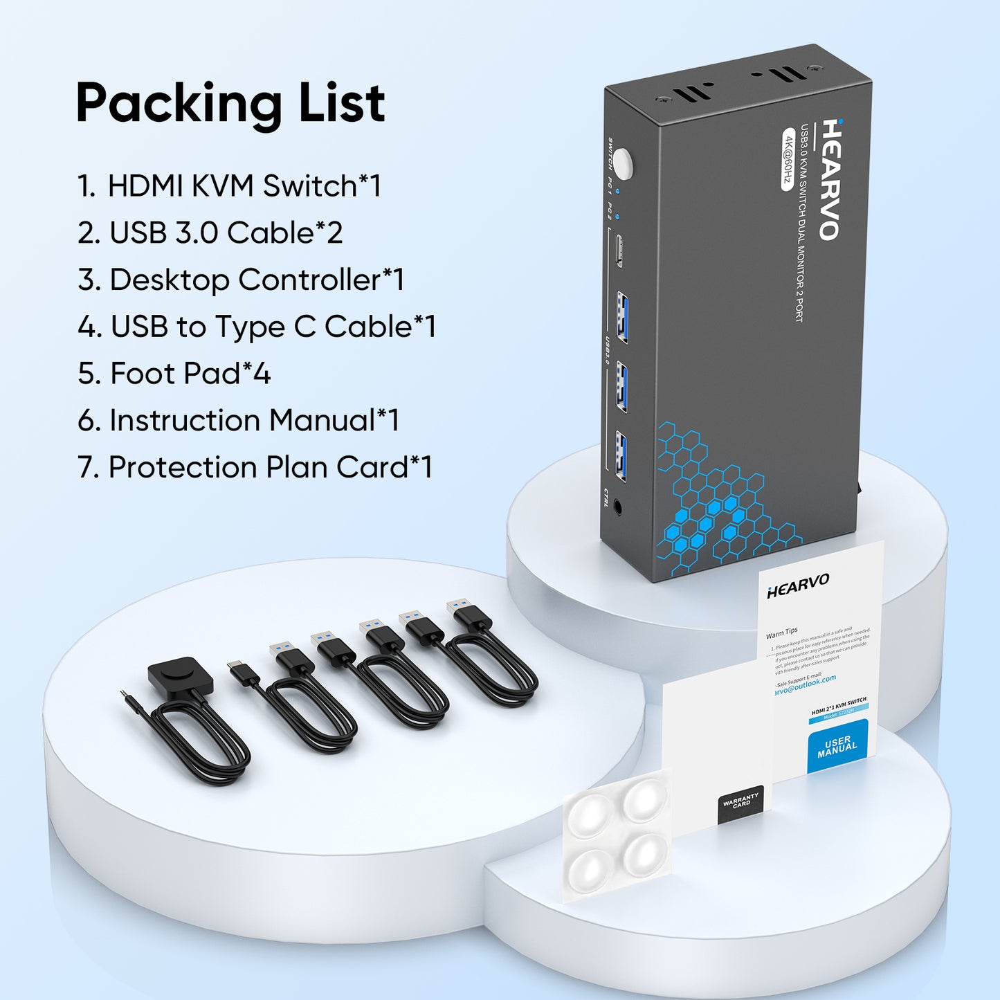 Hearvo HDMI KVM Switch 2 Monitors 2 Computers, USB 3.0,4K@60Hz KVM Switches Sharing of Dual Monitors Keyboard Mouse and Printer Between 2 Computers,with EDID,2 USB Cables and Controller -S7232H2