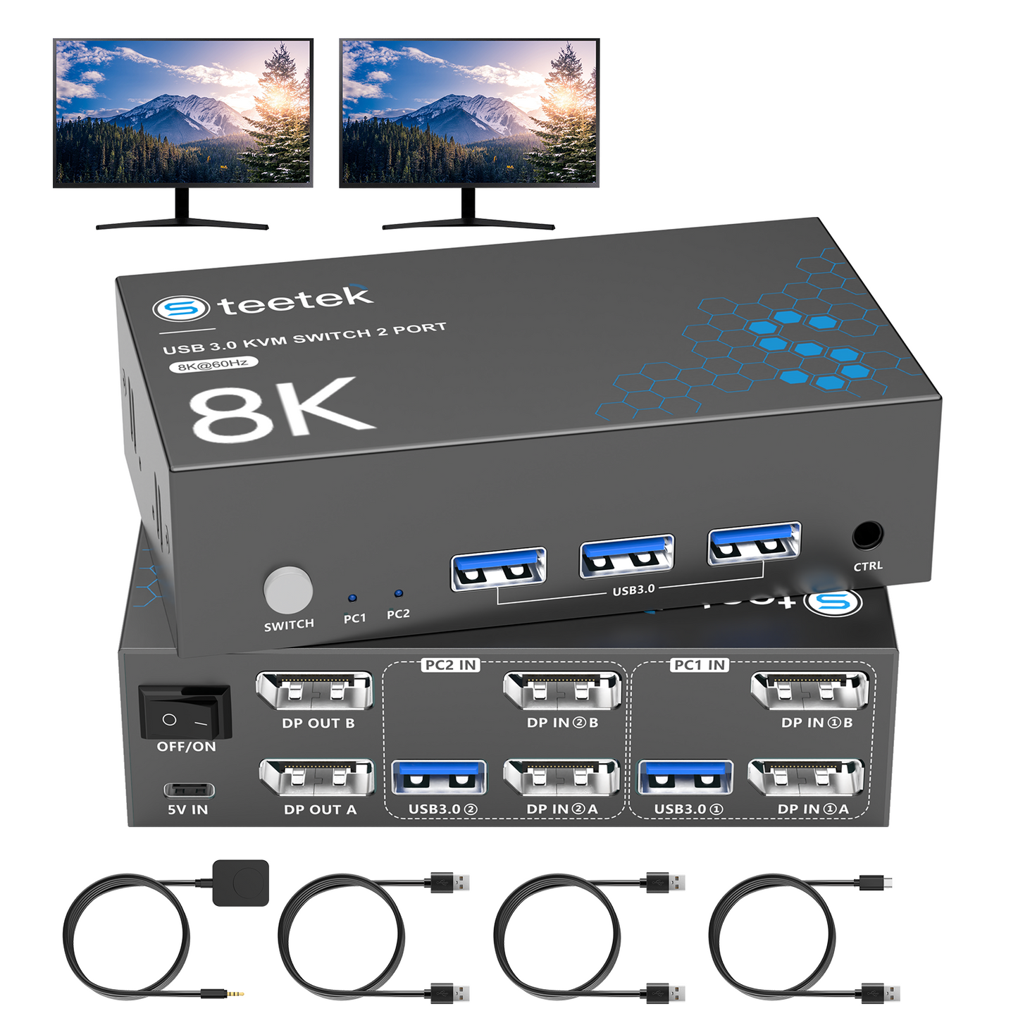 Hearvo 8K Displayport KVM Switch 2 Monitors 2 Computers, 8K@60Hz Dual KVM Switch for 2 Computers Sharing 2 Monitors, Keyboard, Mouse, Printer, with EDID Adaptive, 2 USB Cables, and Controller -S7230P2