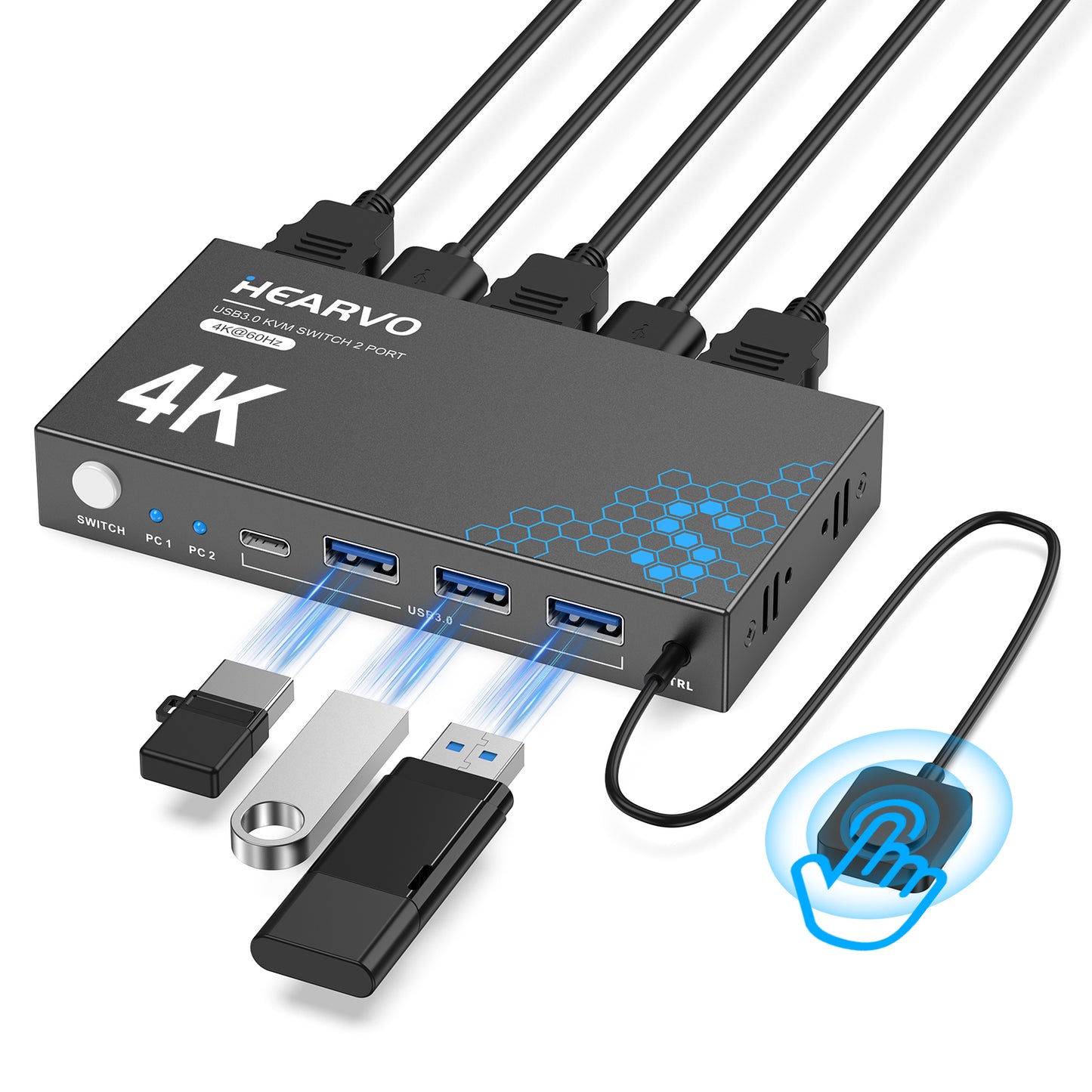Hearvo USB 3.0 HDMI KVM Switch 1 Monitor 2 Computers, 4K@60Hz KVM Switches for 2 Computers Sharing Monitor Keyboard Mouse Hard Drives Printer, with EDID Adaptive, 2 USB Cables and Controller - S7232H