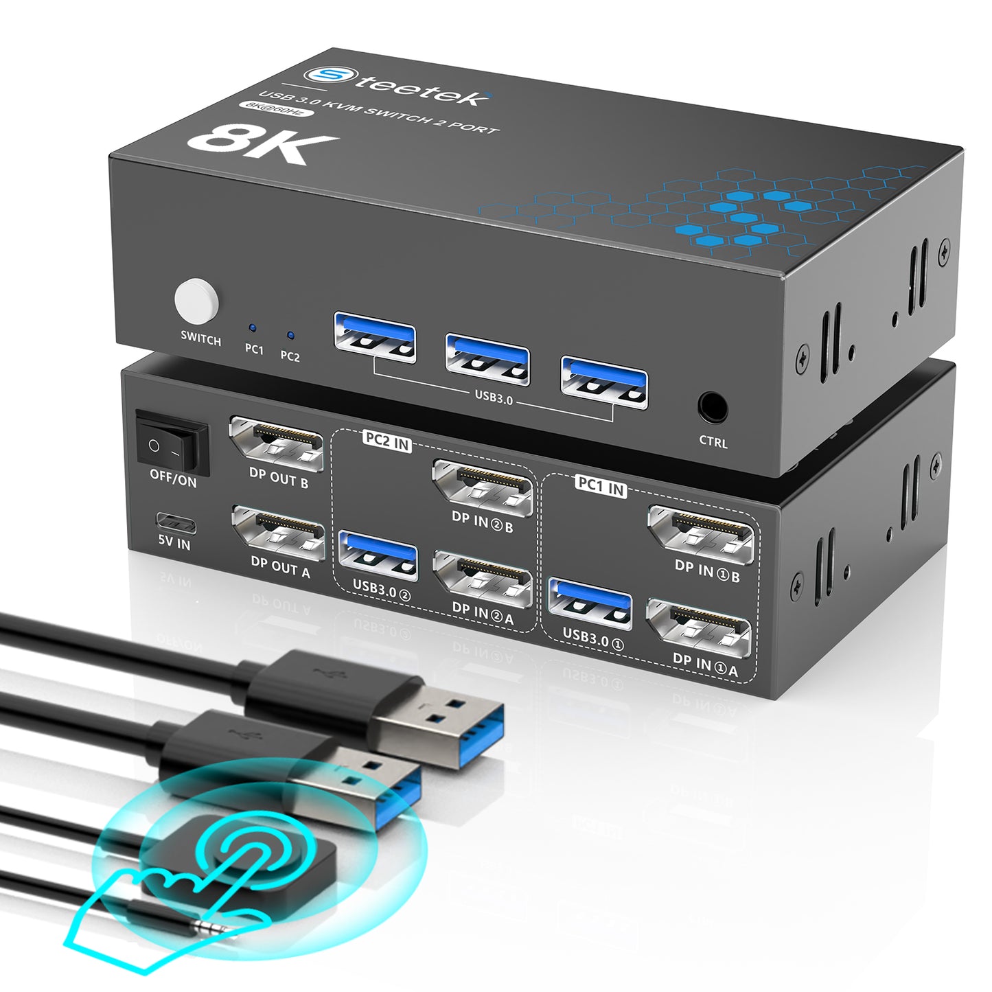 Hearvo 8K Displayport KVM Switch 2 Monitors 2 Computers, 8K@60Hz Dual KVM Switch for 2 Computers Sharing 2 Monitors, Keyboard, Mouse, Printer, with EDID Adaptive, 2 USB Cables, and Controller -S7230P2